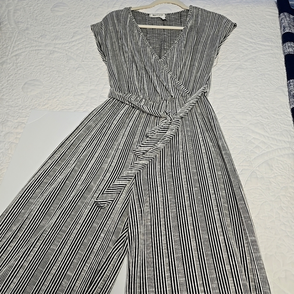 Caution To The Wind Striped Black and White Jumpsuit Medium Belted